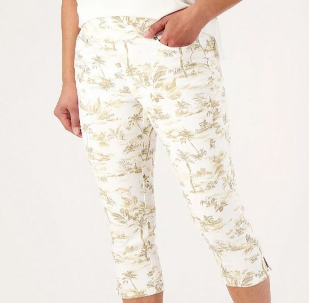 Belle by Kim Gravel Twill Toile Tropical Palm Print Capri Jeans Size 10 Petite